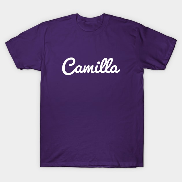 Camilla Cursive Script Typography White Text T-Shirt by ellenhenryart